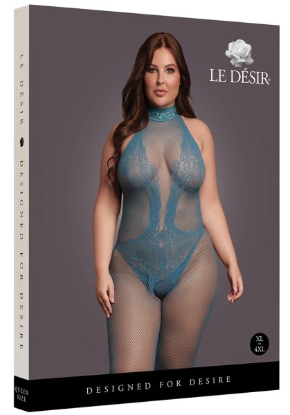 High neck fishnet and lace bodystocking, blue - Queen Size